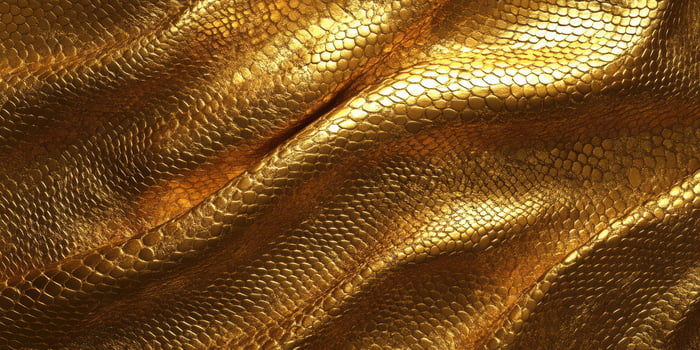 Golden textured surface resembling snake skin displayed in intricate folds under warm light photo