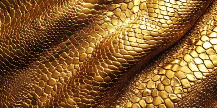 Textured close-up of a shiny golden snake skin highlighting intricate details and natural patterns photo