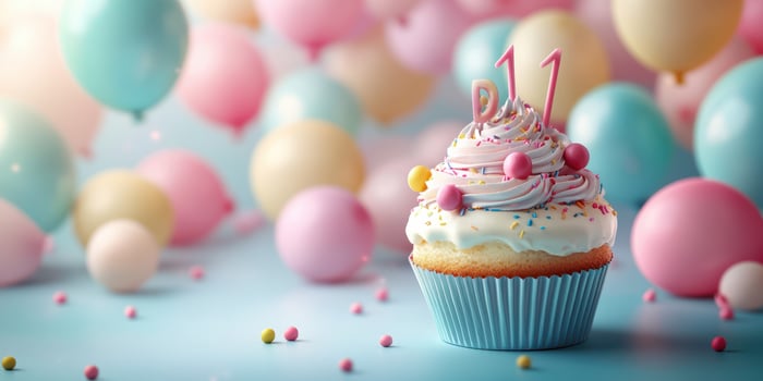 Birthday celebration with decorated cupcake and colorful balloons in pastel shades photo