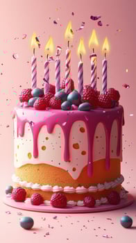 Colorful birthday cake with candles and decorations for a festive celebration photo