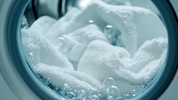 Soaking white towels in a washing machine during laundry day at home in the afternoon photo