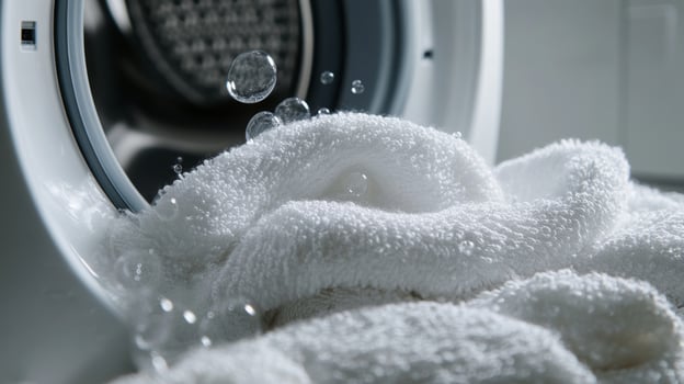 Soft white towels spinning in washing machine with water droplets in bright laundry room setting photo