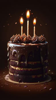 Chocolate cake with candles glistening in the dark, perfect for a celebration or birthday event photo