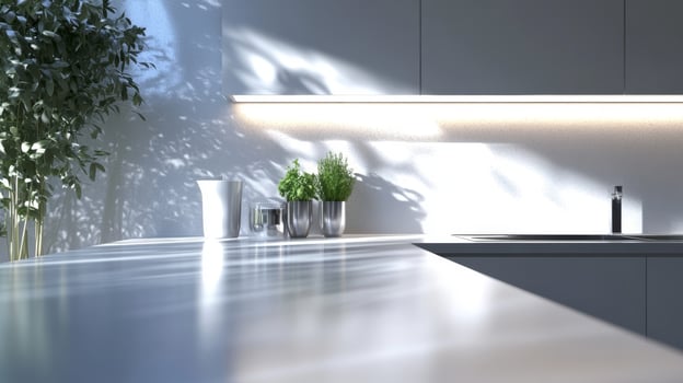 Bright and modern kitchen with natural light highlighting plants and sleek design elements photo