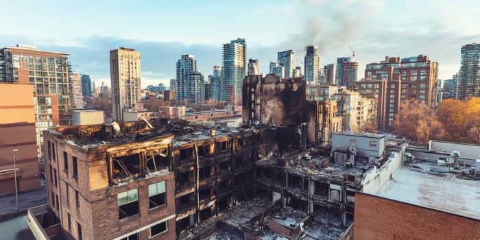 Devastation after a large fire in an urban area reveals extensive damage to a commercial building photo