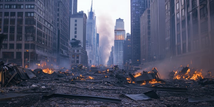Urban destruction and chaos in a modern city after a catastrophic event at dawn photo