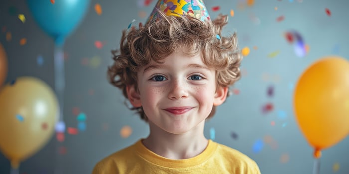 Smiling child celebrates birthday with colorful balloons and festive party hat in cheerful atmosphere photo