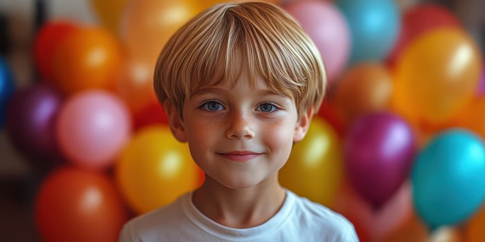 Smiling boy with blonde hair in front of colorful balloons at a birthday celebration photo
