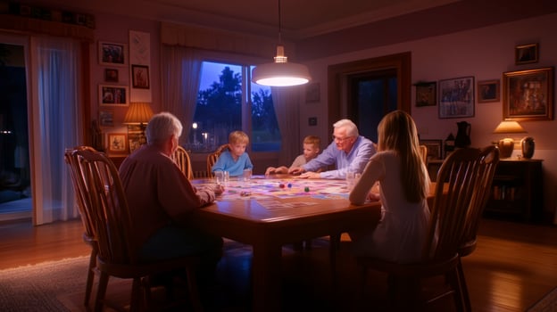 A family playing a board game at night photo