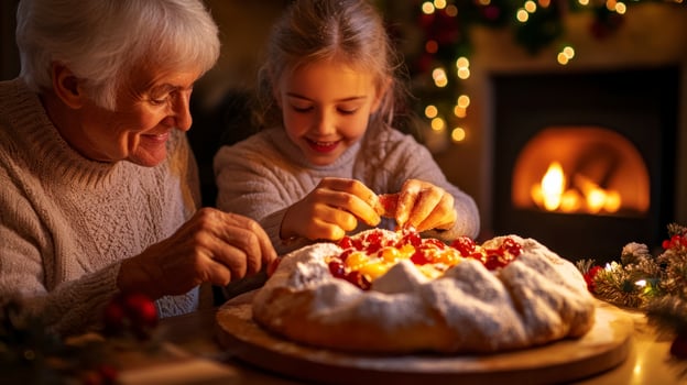 Grandmother and granddaughter decorating christmas cake photo