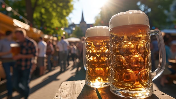 Close up of two beer mugs on a wooden table at an outdoor beer garden with people in the background. Concept of beer, festival, and celebration. photo