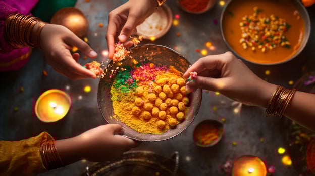 Indian women hands holding food and candles photo