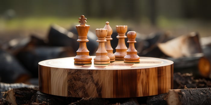 Wooden chess pieces on a round wooden board amidst logs, representing strategy and leisure play photo