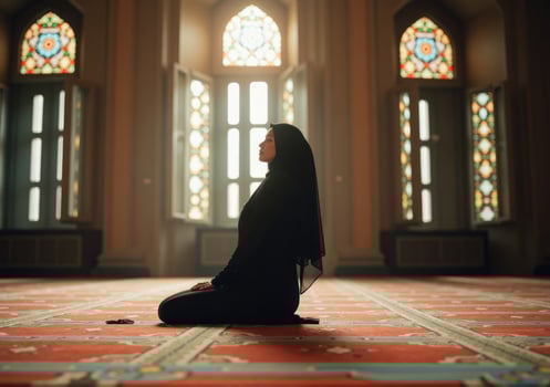 A muslim woman sitting on the floor in a mosque photo