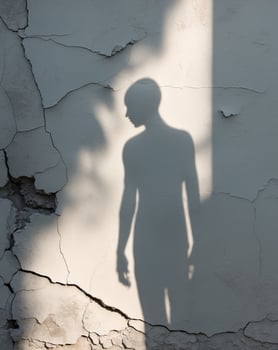 Shadow of a humanoid figure on a cracking wall surface. photo