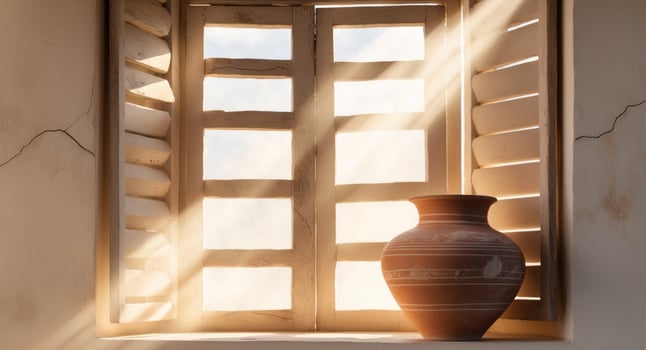 Sunlight streaming rustic window illuminating ancient pottery. photo