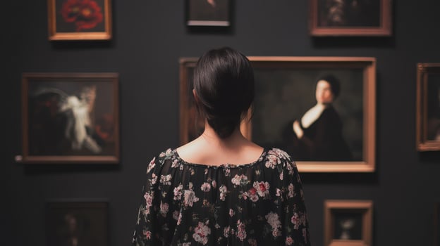 Visitor admires classic paintings in an art gallery during an evening exhibition in a modern setting photo