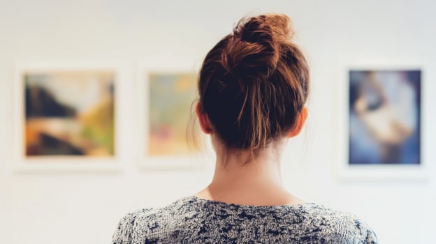 Visitor admires contemporary artwork in a minimalistic gallery setting during an afternoon exhibition photo