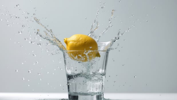 A lemon is being splashed into a glass of water photo