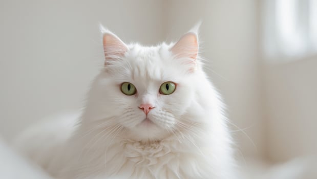 Adorable fluffy white cat with striking green eyes looking curiously at the viewer photo