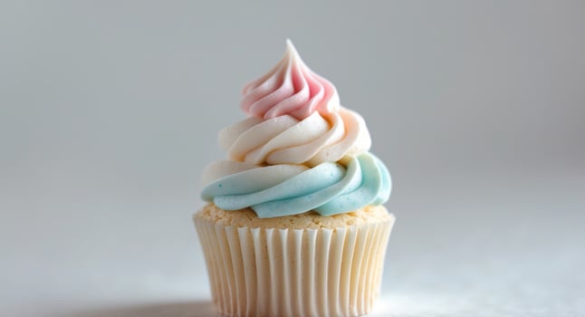 A cupcake with a rainbow frosting on top photo