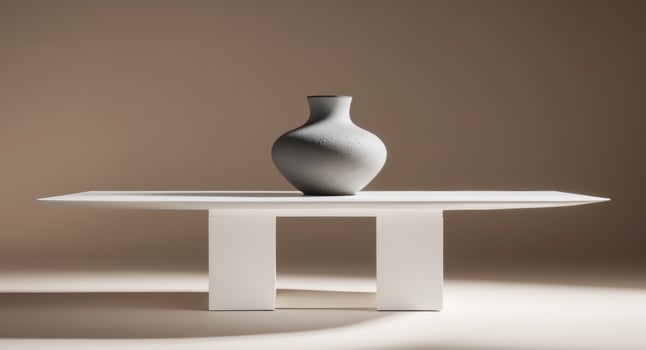 A white table with a vase on top photo