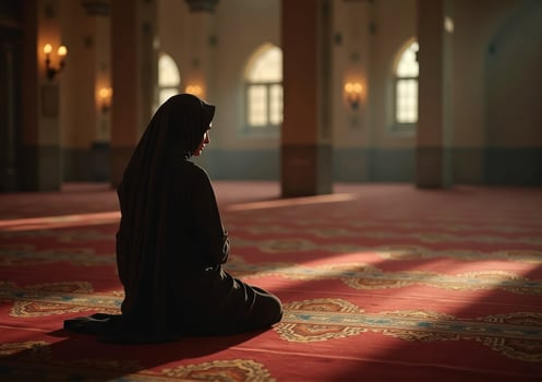A woman in black is sitting on the floor in a mosque photo