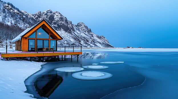 Stunning Winter Cabin on Frozen Lake with Mountain View Ice Circles photo