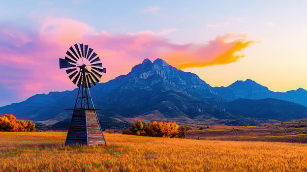Scenic Sunset Landscape Windmill in Golden Wheat Field with Majestic Mountain Range photo