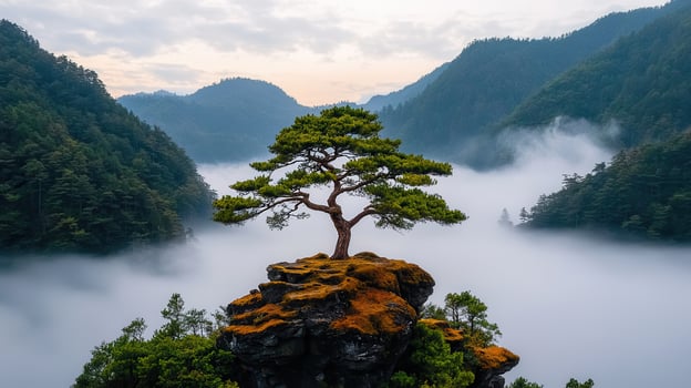Majestic Lone Tree on Rock Outcrop Above Misty Mountain Valley Landscape photo