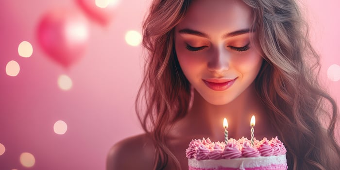 Celebrating a joyful birthday with a young woman and a beautiful cake adorned with pink frosting and candles photo