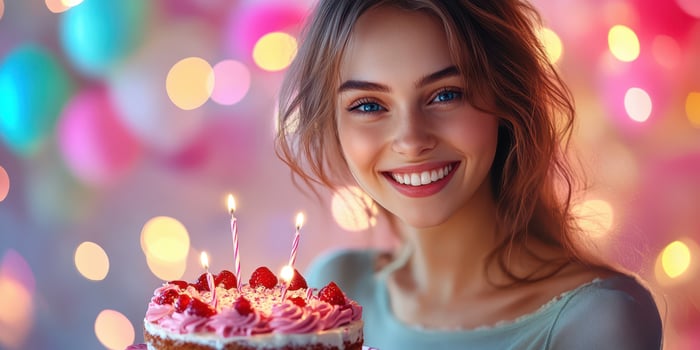 Young woman celebrating birthday with cake and candles in colorful atmosphere during a joyful gathering photo