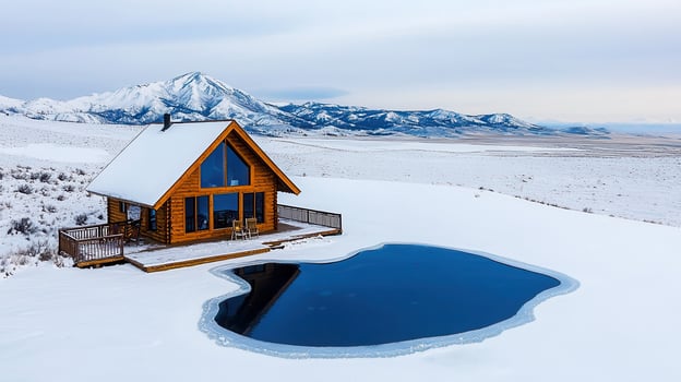 Secluded Wooden Cabin in Snowy Mountain Landscape with Frozen Pond photo