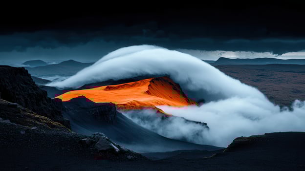 Dramatic Volcanic Landscape Orange Hilltop White Clouds Dark Sky Icelandic Scenery photo