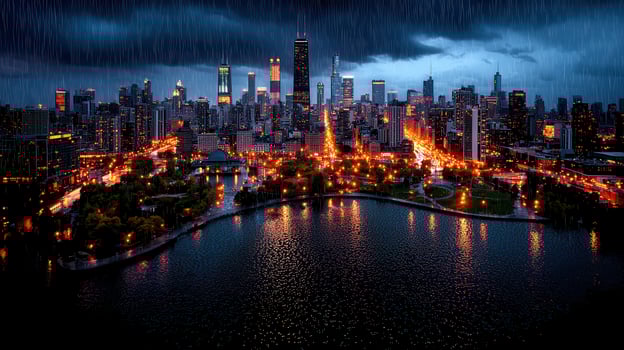 Night Cityscape Rain Soaked Metropolis at Night with Illuminated Buildings and City Lights photo