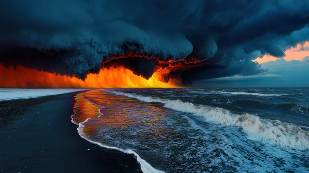 Dramatic Ocean Scene Fiery Lava Meets Dark Storm Clouds over Black Sand Beach photo