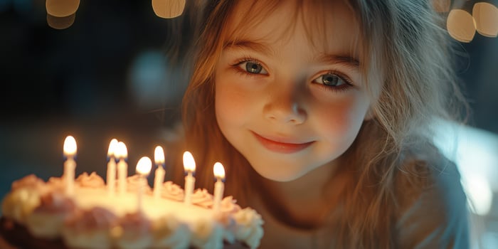 Young girl celebrates birthday with cake and candles in dimly lit room, smiling happily at the camera photo