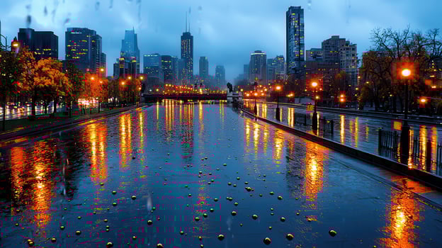 Rainy Night Cityscape Urban River Reflections Glowing Lights and City Architecture photo