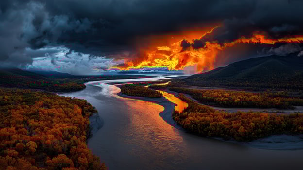 Dramatic Autumn River Landscape Fiery Sunset Winding River and Colorful Fall Foliage under a Stormy photo