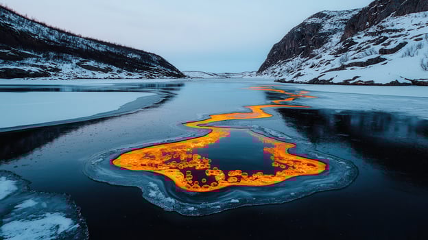Stunning Aerial View of Frozen Lake with Orange Bubbles and Snow Covered Mountains photo
