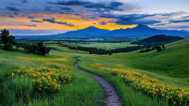 Serene Sunset Vista Mountain Range Trail with Wildflowers Blooming photo