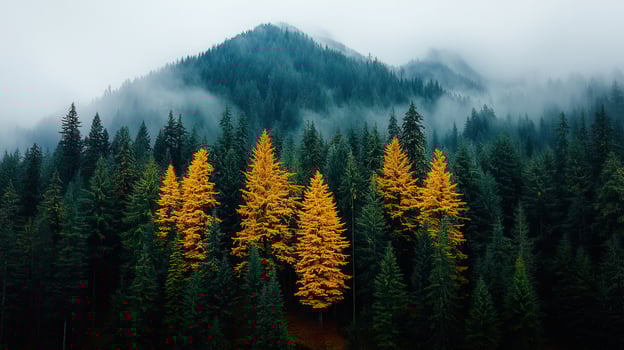 Majestic Golden Larches in Foggy Mountain Forest Autumn Scenery photo