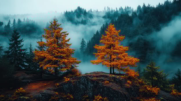 Misty Autumn Forest Landscape Two Vibrant Orange Trees on Rock Outcrop photo