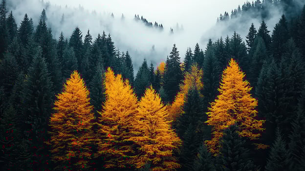 Vibrant Golden Larch Trees in Misty Autumn Forest Landscape Photography photo