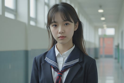 An asian girl, fair skin, 17 years old, long brown hair, wearing a school uniform in a school hallway photo