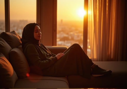 A woman in a hijab sitting on a couch at sunset photo