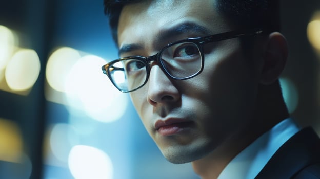 Close-up of a young man in formal attire looking thoughtfully at the camera during an evening event in a modern city setting photo
