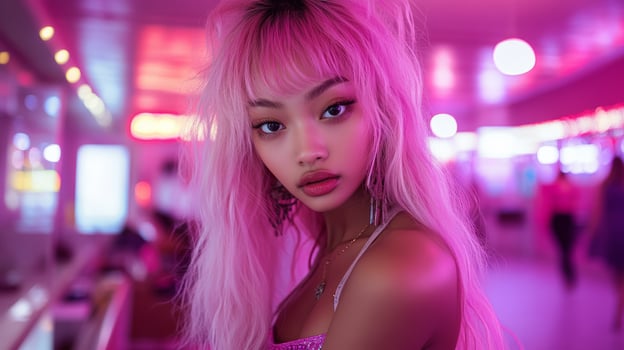Young woman with pink hair poses in vibrant neon-lit urban setting during nighttime photo