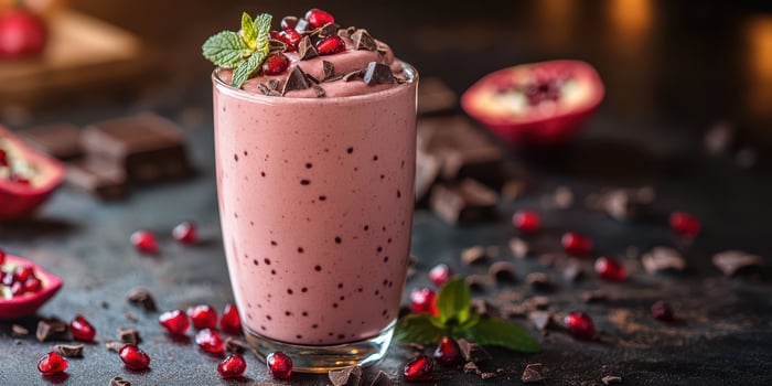 Delicious pomegranate and chocolate smoothie served in a glass with toppings at a cozy cafe photo