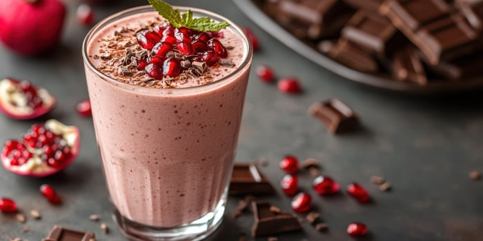 Delicious chocolate pomegranate smoothie garnished with fresh mint and pomegranate seeds photo